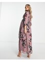 Hope & Ivy Maternity - Vestito lungo a portafoglio color visone a fiori con finiture in pizzo-Viola