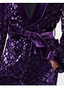 ASOS DESIGN - Giacca da abito skinny in velluto viola a rombi con paillettes