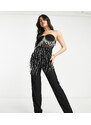 Esclusiva Lace & Beads - Tuta jumpsuit nera con corsetto trasparente con frange di cristalli-Black