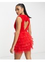 Esclusiva Lace & Beads - Vestito corto in tulle rosso con cut-out a cuore sulla schiena