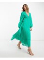 ASOS DESIGN - Vestito midi verde smeraldo plumetis a pieghe con davanti a V e finiture-Giallo