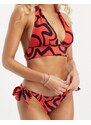 New Look - Top bikini allacciato al collo rosso con stampa astratta