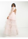 Esclusiva Lace & Beads - Vestito lungo color cipria a balze con maniche trasparenti e taglio asimmetrico-Rosa