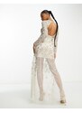 Miss Selfridge Premium - Vestito lungo color cipria premium con fiocchi e fondo trasparente-Bianco