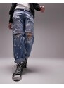 Topman - Jeans comodi lavaggio medio candeggiato con strappi-Blu