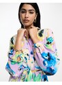 Y.A.S - Vestito camicia midi a maniche lunghe con stampa a fiori oversize sfocata-Multicolore