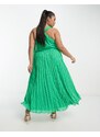ASOS Curve ASOS DESIGN Curve - Vestito midi a pieghe con scollo profondo e spalline annodate in jacquard verde smeraldo a quadri