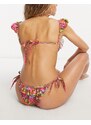 Miss Selfridge - Top bikini leopardato con stampa a fiori e dettaglio arricciato-Multicolore