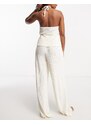 Loungeable - Pigiama color avorio in velour stropicciato con top allacciato al collo e pantaloni a fondo ampio-Bianco