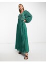 ASOS DESIGN - Vestito lungo con scollo squadrato a pieghe in plumetis ricamato verde scuro