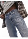 Topman - Pantaloni dritti a zampa lavaggio medio con fondo allungato e dettaglio ricamato-Blu