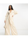 Esclusiva Collective the Label - Tuta jumpsuit a fondo ampio color ostrica con scollo profondo-Bianco