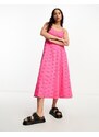 ASOS DESIGN - Vestito midi in pizzo rosa acceso con cuciture a vista e fascette sottili sul retro