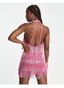Miss Selfridge - Vestito corto premium rosa decorato con frange