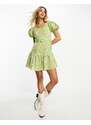 Miss Selfridge - Vestito corto verde a fiori in lino e cotone con cintura e volant sul fondo-Multicolore