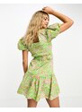 Miss Selfridge - Vestito corto verde a fiori in lino e cotone con cintura e volant sul fondo-Multicolore