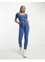Parisian - Tuta jumpsuit in denim con cintura lavaggio blu medio