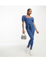 Parisian Petite - Tuta jumpsuit in denim con cintura lavaggio blu medio