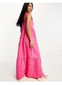 ASOS DESIGN - Vestito lungo a balze rosa acceso in pizzo con scollo squadrato
