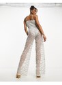 Miss Selfridge - Tuta jumpsuit premium da festival con fondo ampio e decorata con dettaglio stile corsetto-Argento