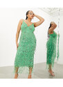 ASOS EDITION Curve - Vestito midi con frange di perline verde a fiori