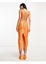 ASOS DESIGN - Vestito lungo allacciato al collo drappeggiato con frange arancione acceso