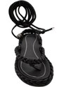 Malu Shoes Sandali bassi donna nero infradito con corda intrecciato suola in gomma nera moda Ibiza allacciato
