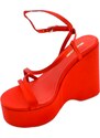 Malu Shoes Zeppa donna rosso in pelle chiusura alla caviglia fondo tono su tono asimmetrico platform zeppa 10cm plateau 3cm