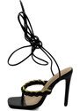 Malu Shoes Sandali donna tacco alto a spillo nero infradito alla schiava con catena oro in ecopelle e lacci alla caviglia moda