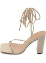 Malu Shoes Sandalo donna gioiello open toe beige intrecciato tacco doppio 10 strass luccicanti cerimonia lacci alla caviglia