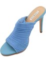 Malu Shoes Sandali donna mules pantofole in tessuto plissettato tulle azzurro e tacco sottile 12 cm moda tendenza