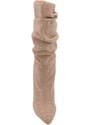 Malu Shoes Tronchetti donna a punta alto meta' polpaccio in camoscio beige ricoperto di strass tacco a spillo 12 cm morbido con zip