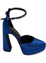 Malu Shoes Decollete' donna mary jane a punta in raso blu royal con plateau 4 cm e tacco largo 15 cinturino strass alla caviglia