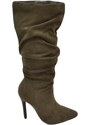 Malu Shoes Stivali donna alti in camoscio verde camouflage militare al ginocchio a punta arricciati con zip tacco spillo 10cm