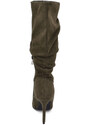 Malu Shoes Stivali donna alti in camoscio verde camouflage militare al ginocchio a punta arricciati con zip tacco spillo 10cm