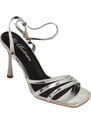 Malu Shoes Sandali tacco donna fascette lucide argento e cinturino alla caviglia tacco a spillo comodo 12 cm elegante
