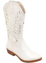 Malu Shoes Stivali camperos donna bianco tacco basso estivi traforati altezza ginocchio texani con cuciture tinta unita