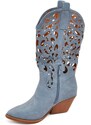 Malu Shoes Stivali donna camperos texani stile western blu jeans con gambale traforato fantasia laser tacco 4 cm altezza polpaccio