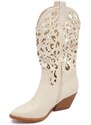 Malu Shoes Stivali donna camperos texani stile western beige con gambale traforato fantasia laser tacco altezza polpaccio