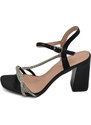 Malu Shoes Sandalo donna ecopelle nera gioiello argento sabot aperto dietro con chiusura caviglia tacco 7cm incrociato sul piede