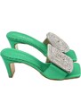 Malu Shoes Sandali donna tacco in raso verde tacco doppio 7 cm open toe disegno gioiello geometrico asimmetrico tondo quadrato