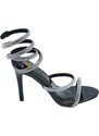 Malu Shoes Sandali donna gioiello nero tacco sottile 12 cm serpente rigido si attorciglia alla gamba argento regolabile brillantini