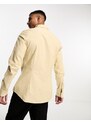 ASOS DESIGN - Camicia Oxford slim con collo serafino color sabbia tinta in filo-Neutro