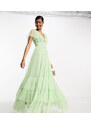 Lace & Beads - Madison - Vestito da damigella lungo in tulle color salvia con scollo a V-Verde