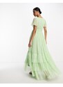 Lace & Beads - Madison - Vestito da damigella lungo in tulle color salvia con scollo a V-Verde