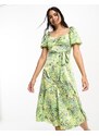 New Look - Vestito midi arricciato sul davanti con scollo squadrato e maniche a sbuffo verde a fiori