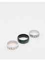 ASOS DESIGN - Confezione da 3 anelli in acciaio inossidabile con dettagli iridescenti e motivo a onde color argento