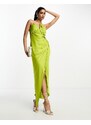 Mango - Vestito midi premium verde asimmetrico con arricciature e spacco laterale