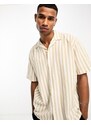 Selected Homme - Camicia a maniche corte in lino bianca e beige a righe con colletto a rever-Bianco