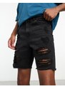 ADPT - Pantaloncini di jeans invecchiati neri a fondo ampio-Nero